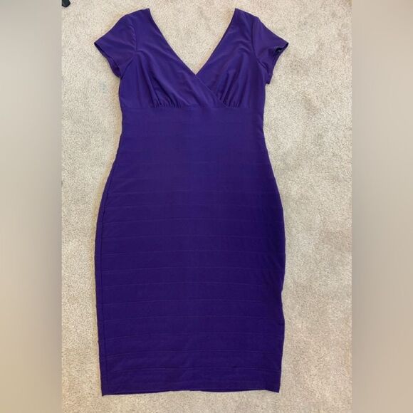Frank Lyman purple short sleeve bodycon midi dress Sz 10 wedding guest formal - Picture 6 of 13